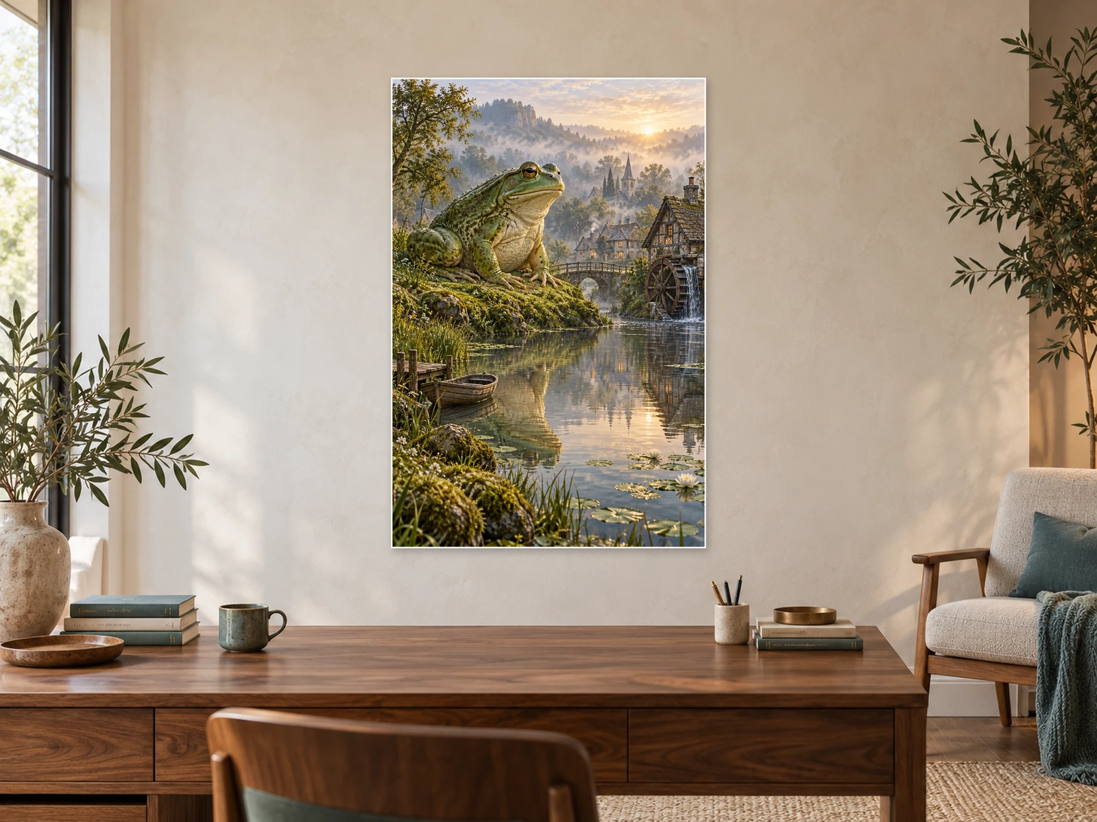 The Frog at the Millpond unframed poster displayed in a study