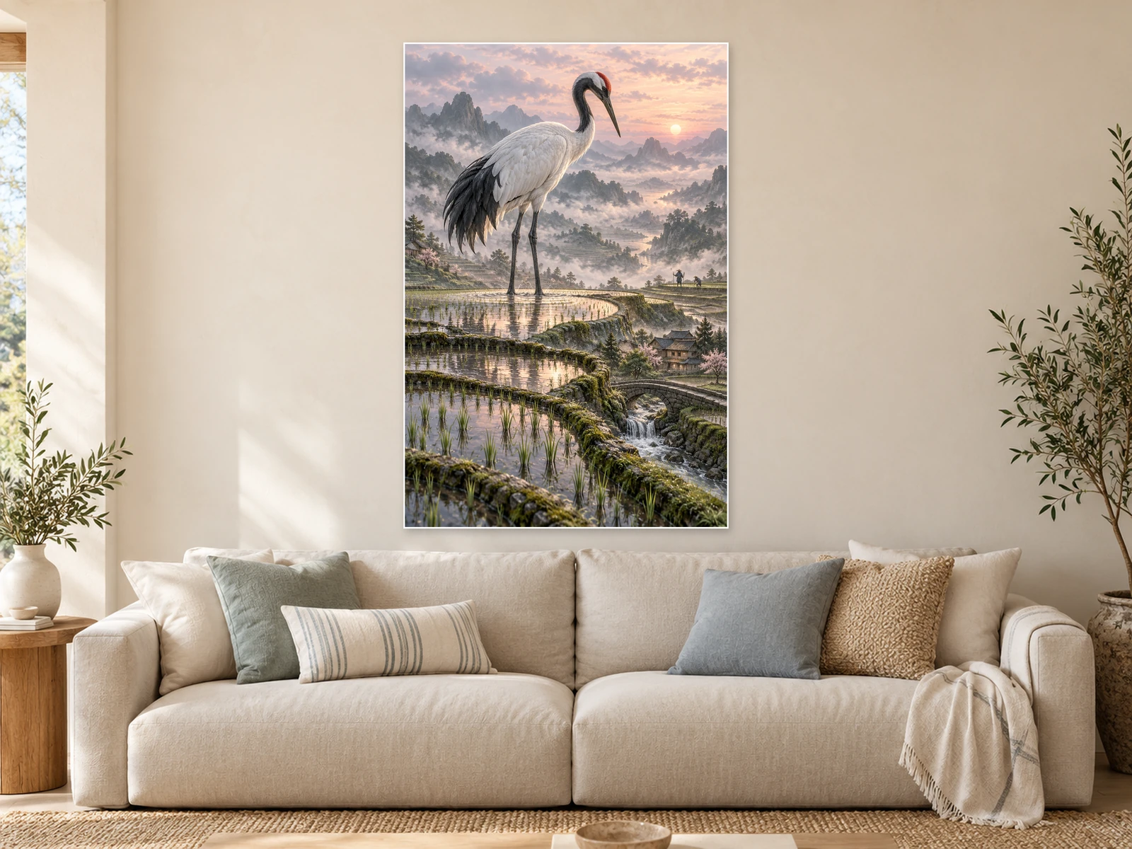 The Crane above the Rice Terraces unframed poster displayed in a styled living room