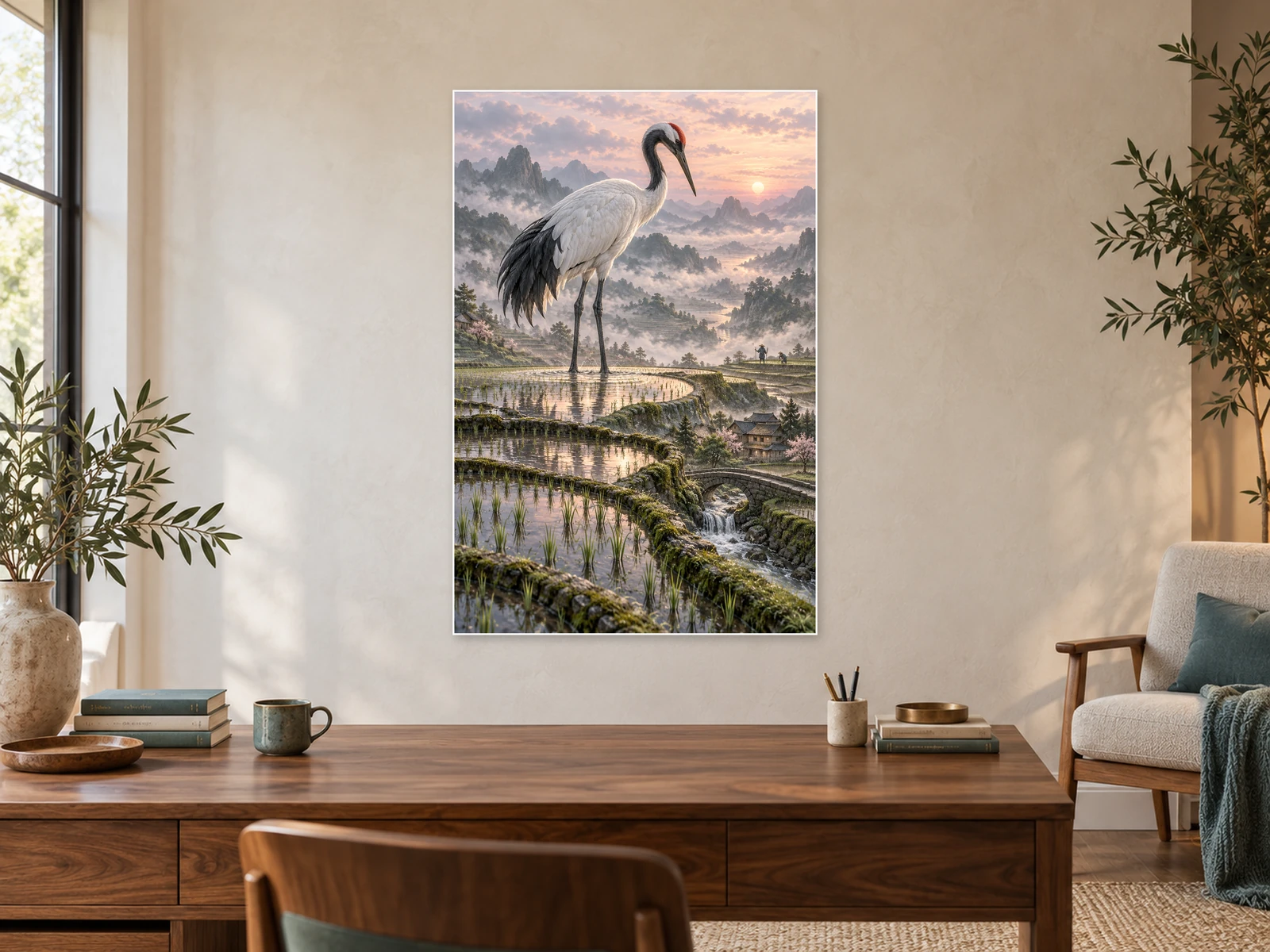 The Crane above the Rice Terraces unframed poster displayed in a study