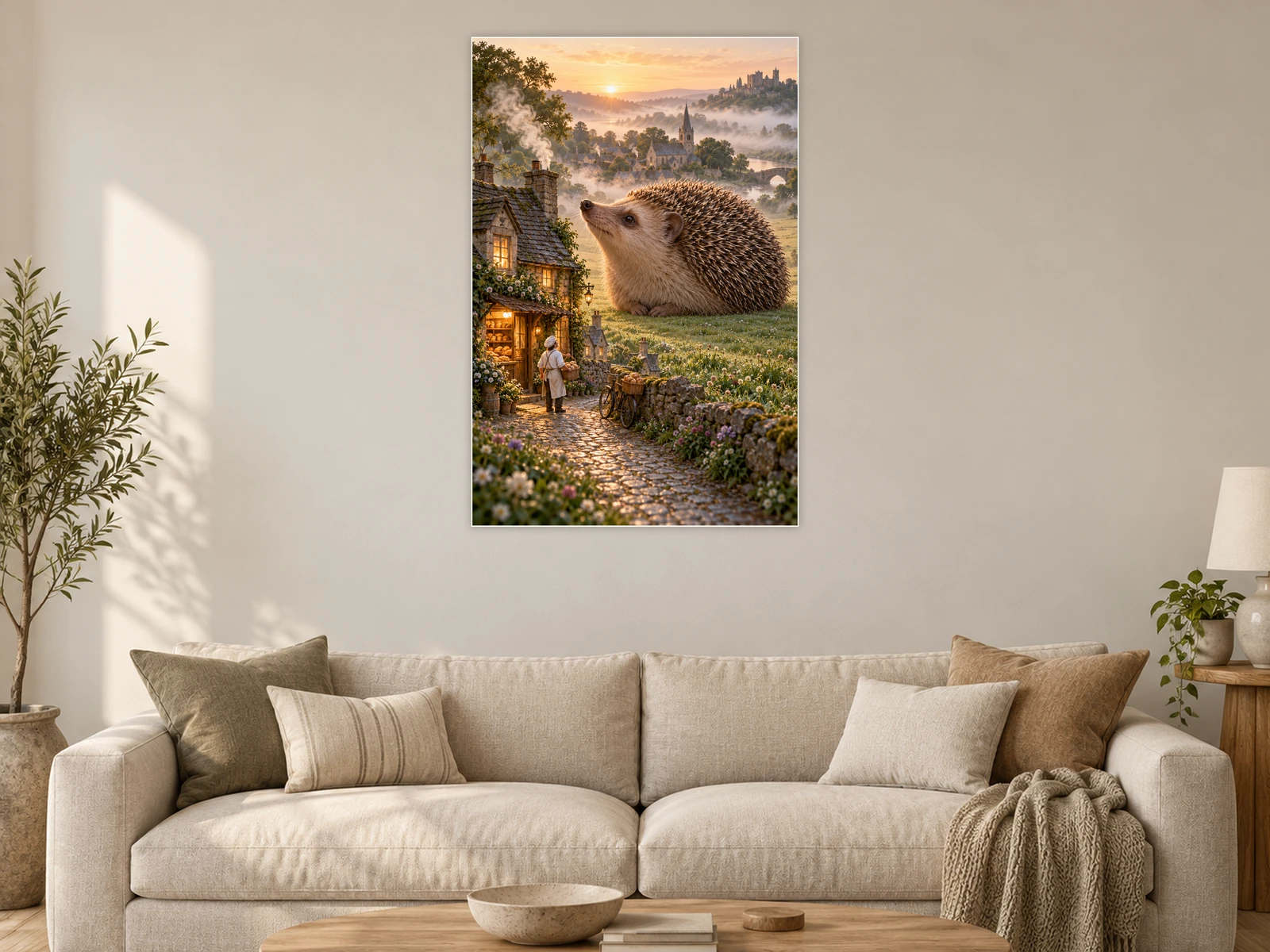 The Baker’s Morning Guest unframed poster displayed in a living room