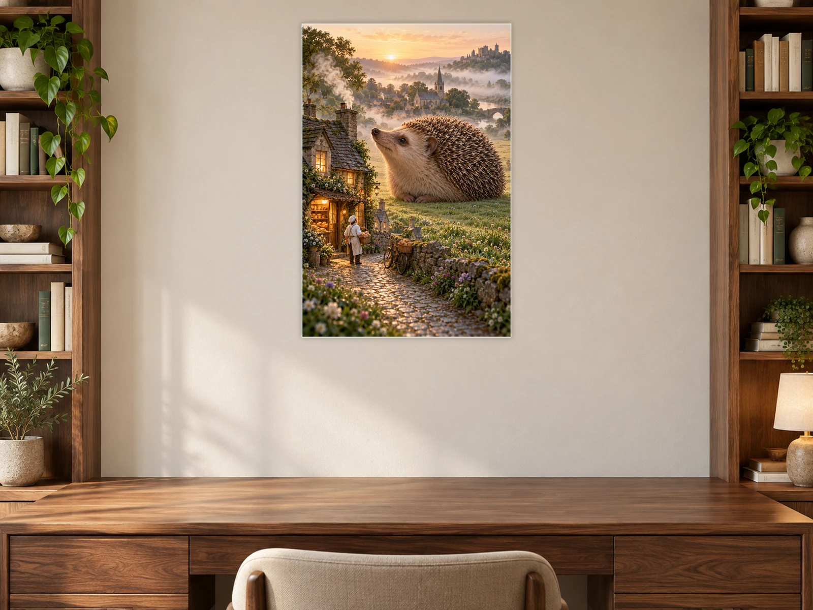 The Baker’s Morning Guest unframed poster displayed in a study