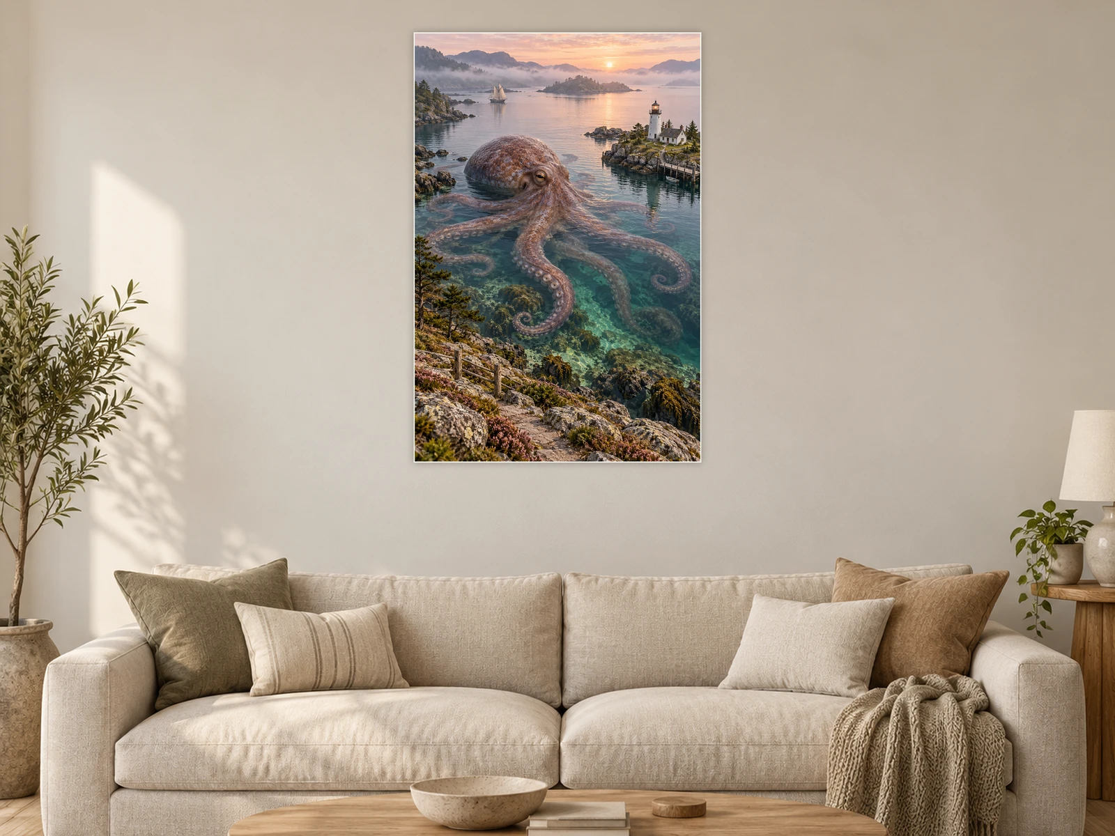 The Octopus and the Lighthouse unframed poster displayed in a living room
