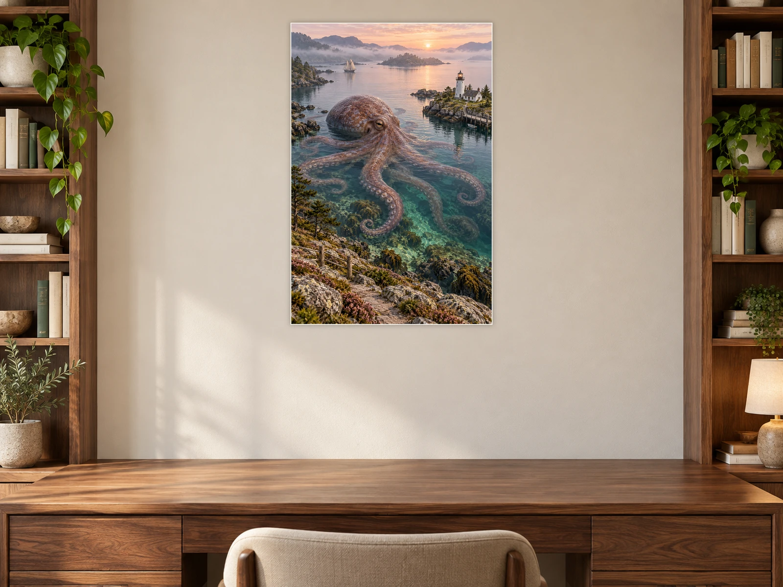 The Octopus and the Lighthouse unframed poster displayed in a study