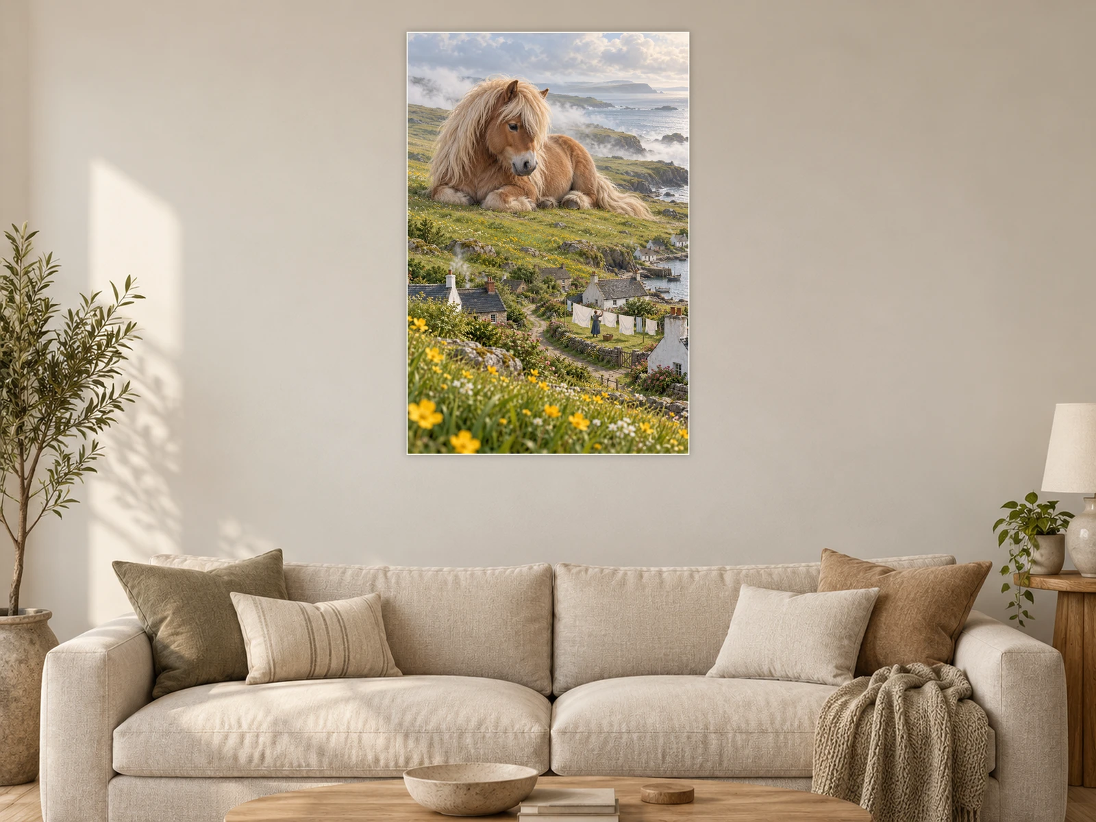 The Pony beyond the Laundry Lines unframed poster displayed in a living room