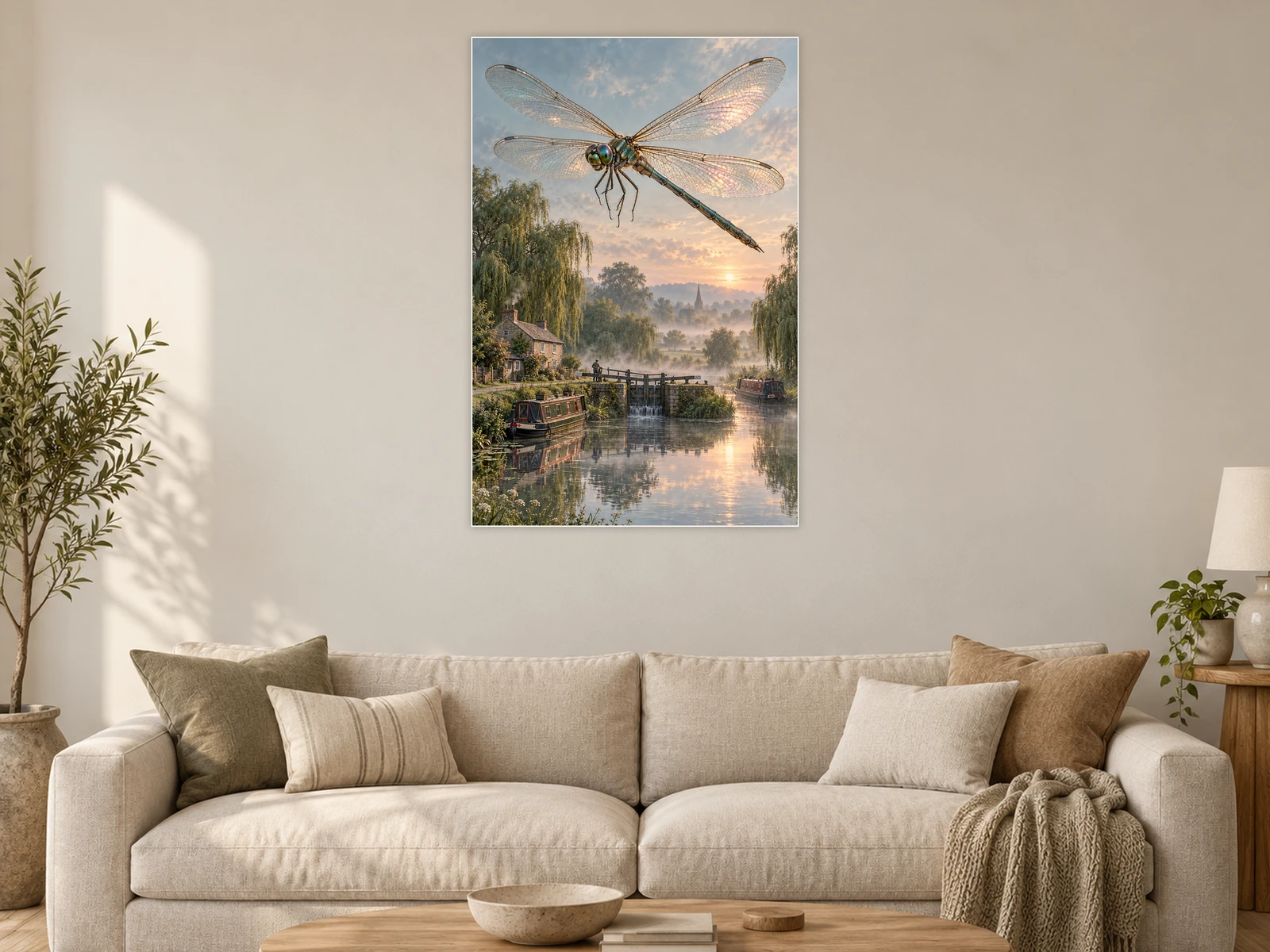 The Dragonfly at the Lock unframed poster displayed in a living room
