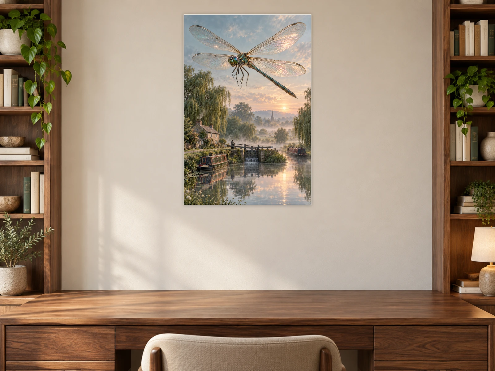 The Dragonfly at the Lock unframed poster displayed in a study