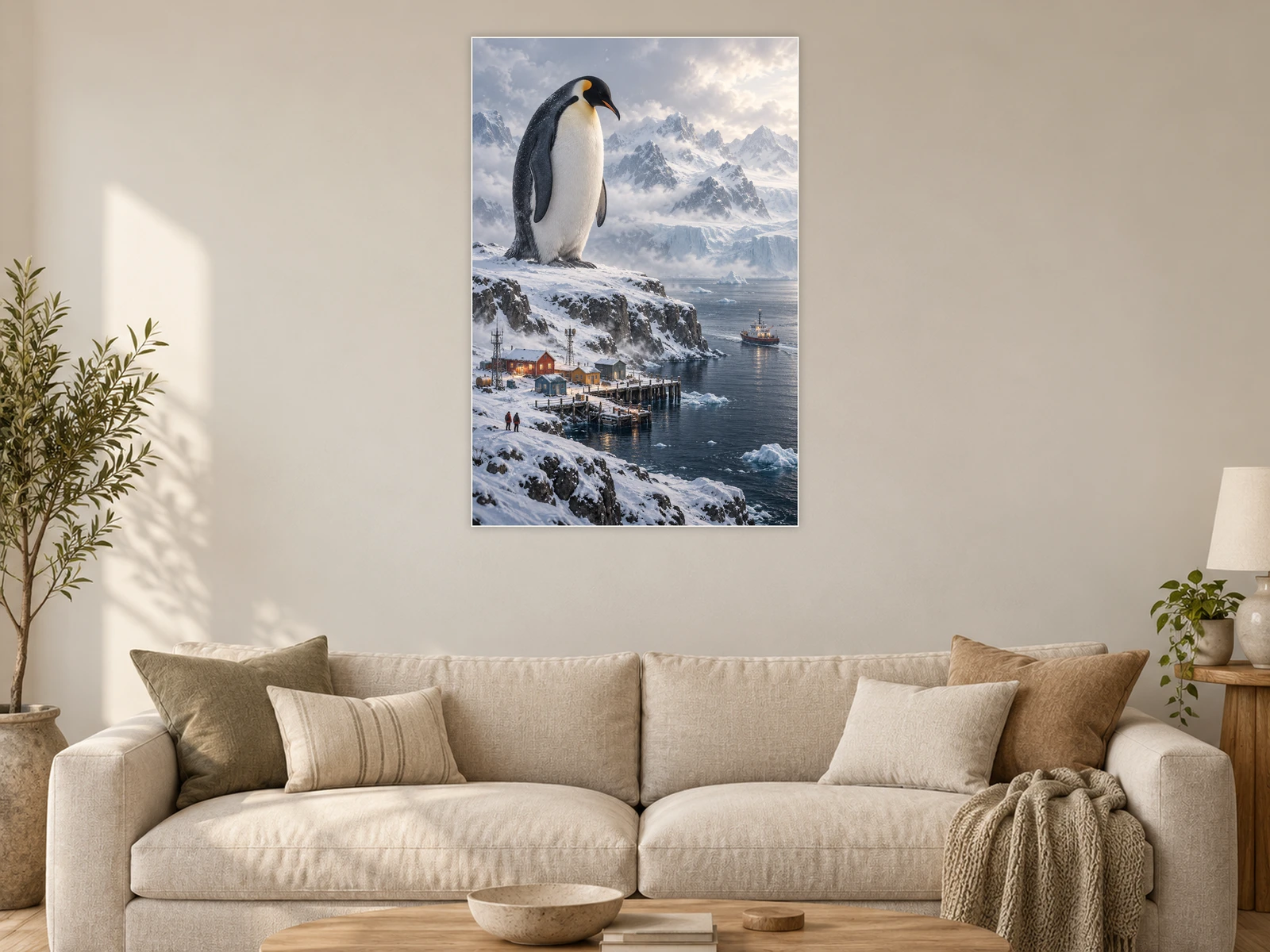 The Penguin’s Harbour Watch unframed poster displayed in a living room