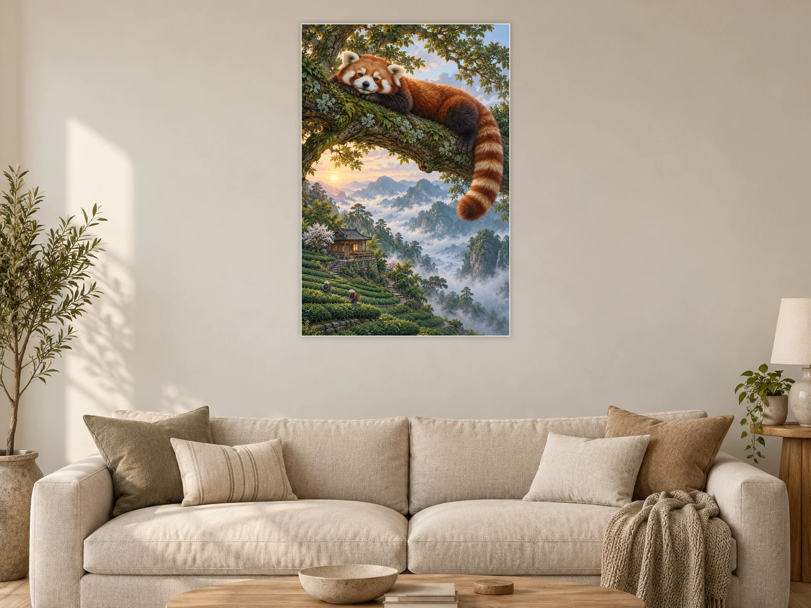 The Red Panda’s Tea Break unframed poster displayed in a living room