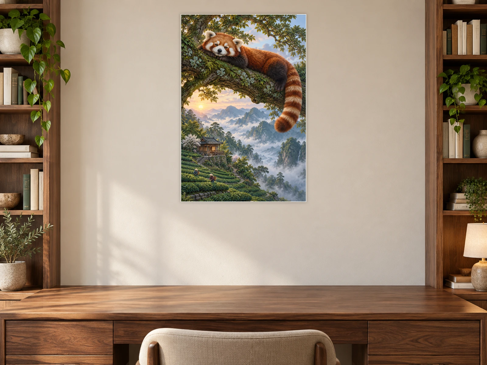 The Red Panda’s Tea Break unframed poster displayed in a study