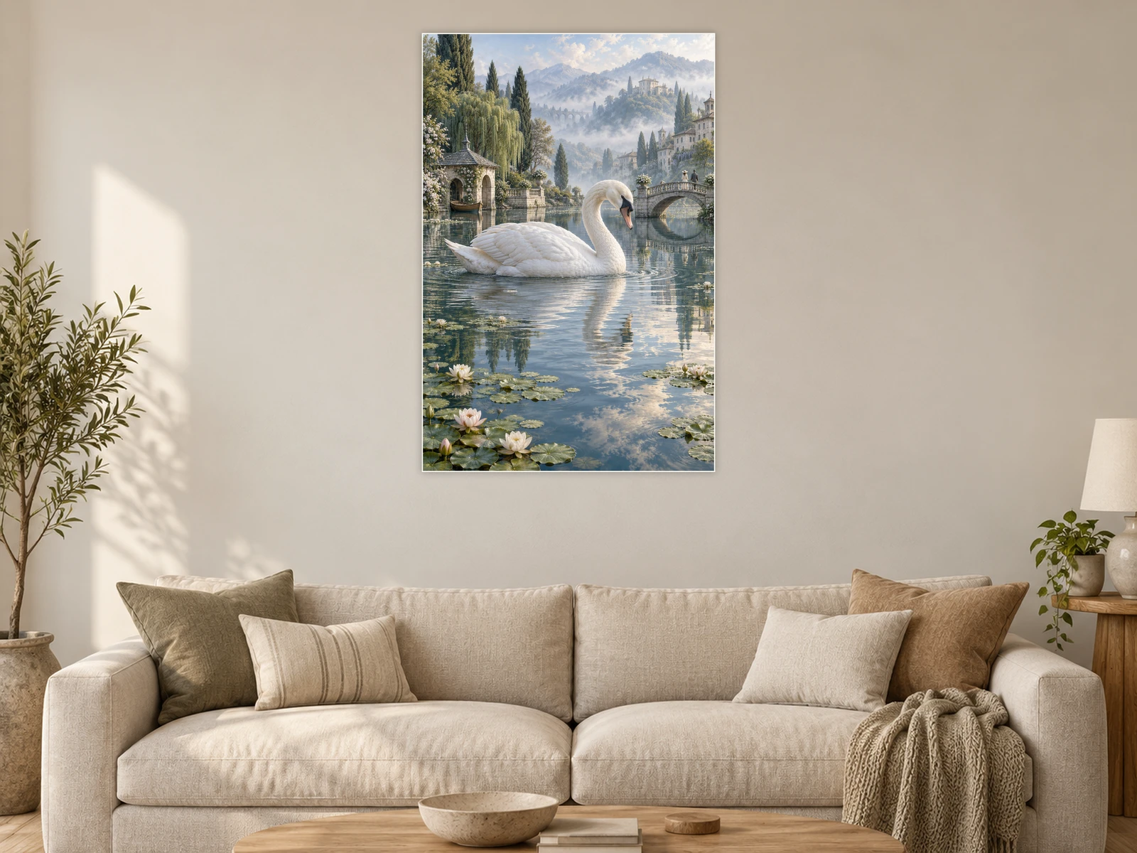 The Swan at the Water Gardens unframed poster displayed in a living room