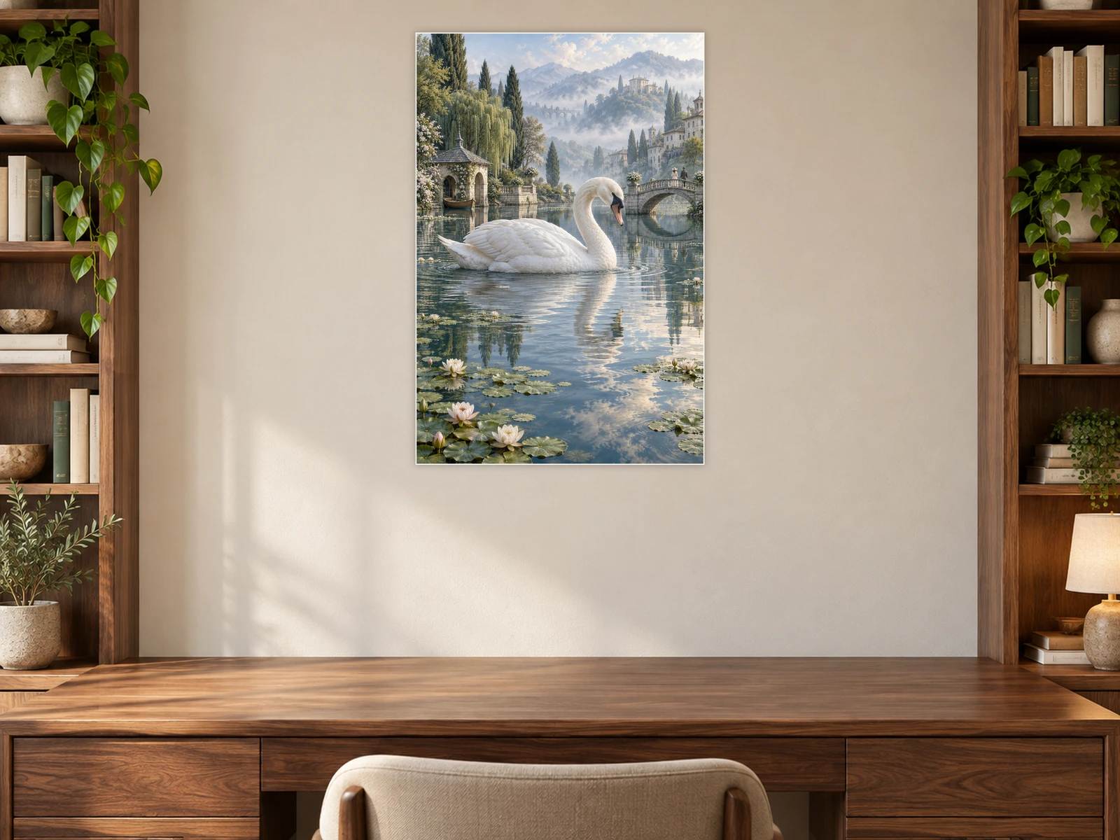 The Swan at the Water Gardens unframed poster displayed in a study