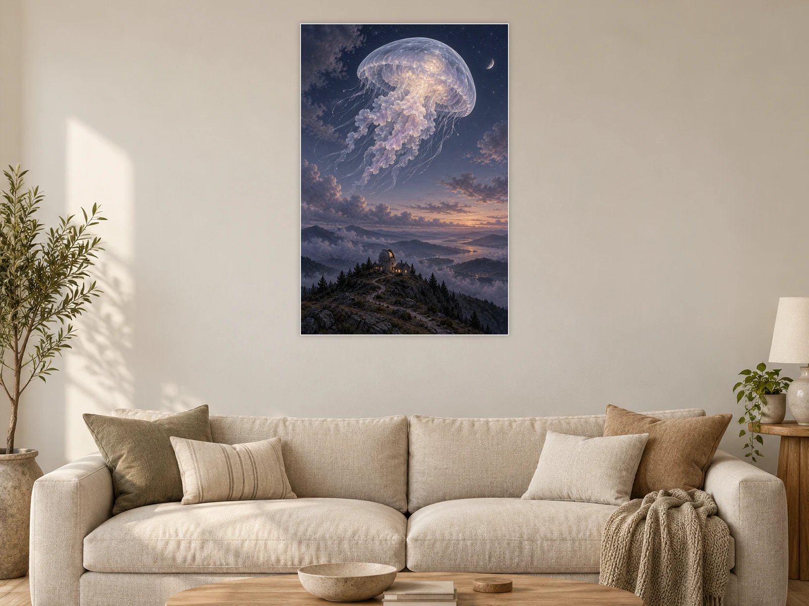 The Jellyfish over the Observatory unframed poster displayed in a living room