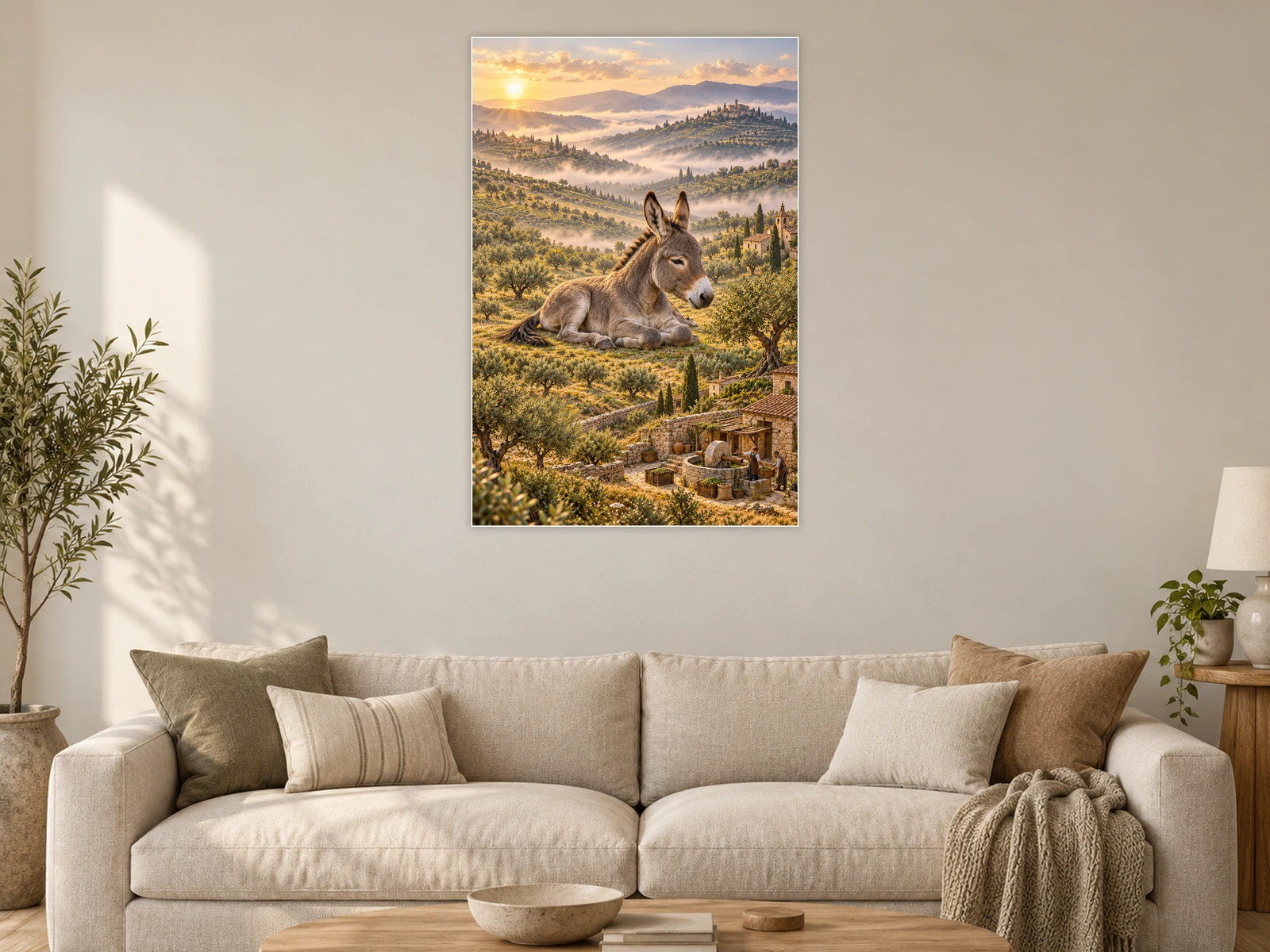 The Donkey and the Olive Press unframed poster displayed in a living room