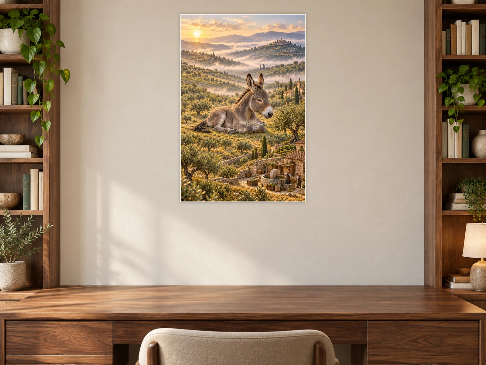 The Donkey and the Olive Press unframed poster displayed in a study