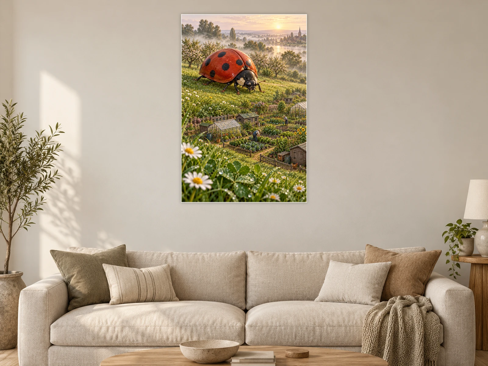 The Ladybird’s Garden Round unframed poster displayed in a living room