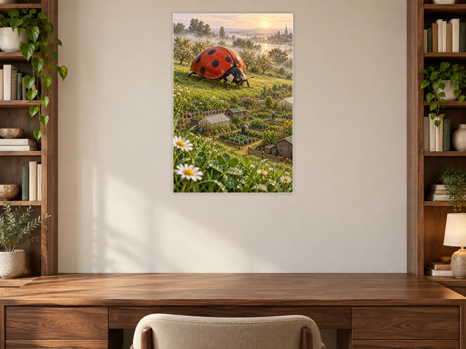 The Ladybird’s Garden Round unframed poster displayed in a study