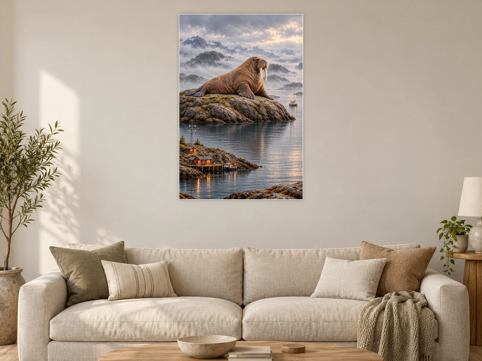 The Walrus at the Weather Station unframed poster displayed in a living room