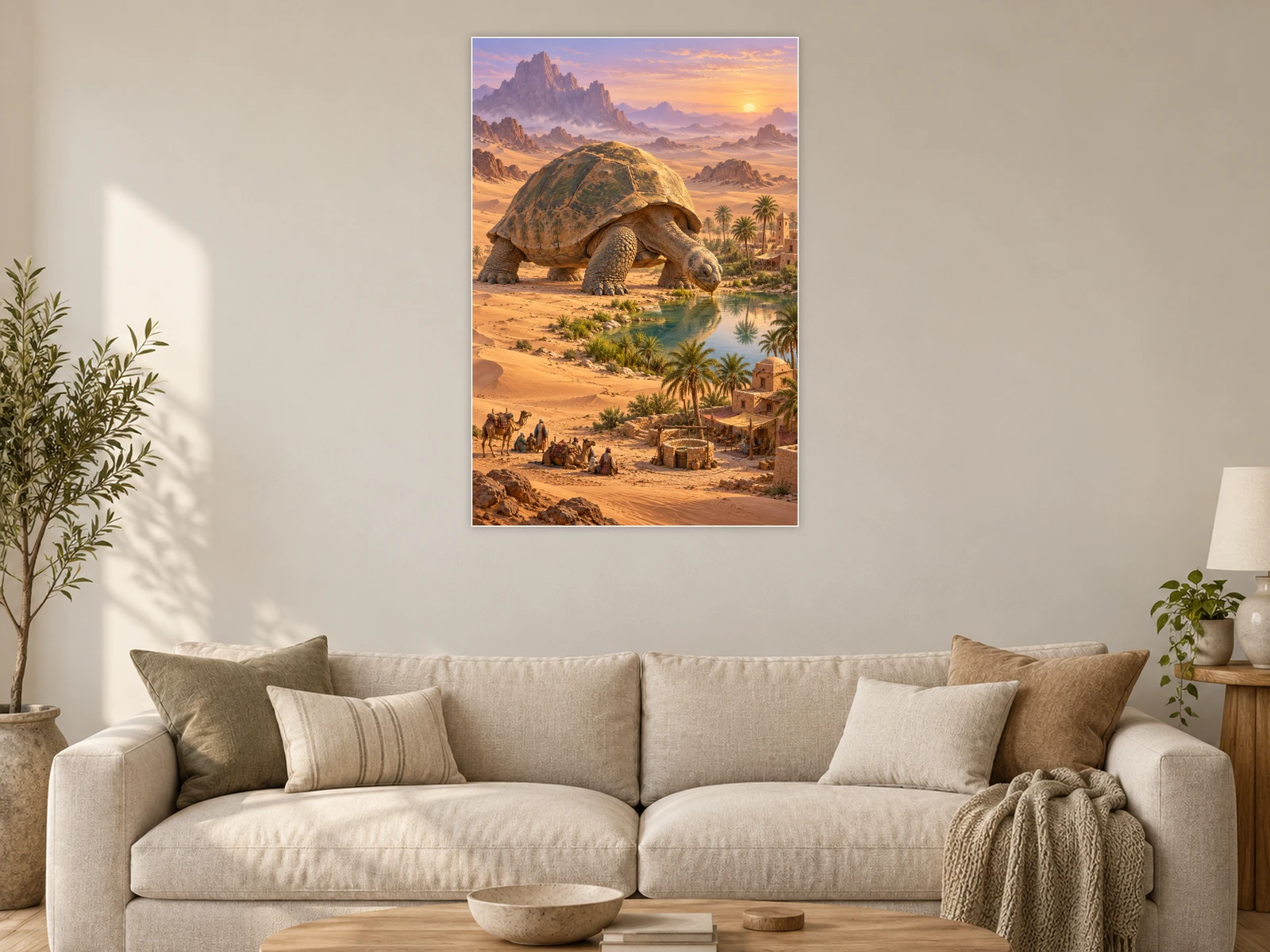 The Tortoise at the Desert Well unframed poster displayed in a living room