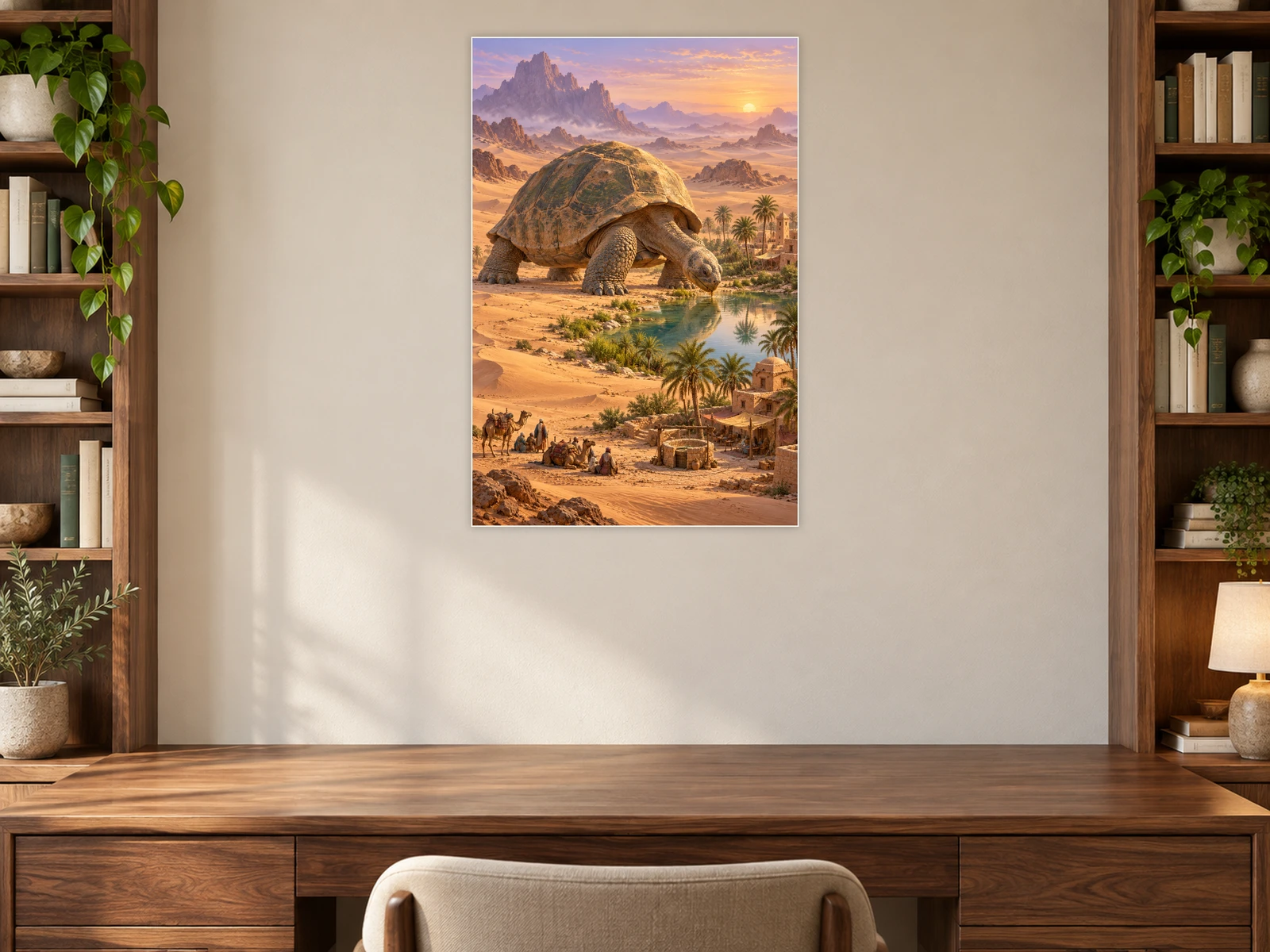 The Tortoise at the Desert Well unframed poster displayed in a study