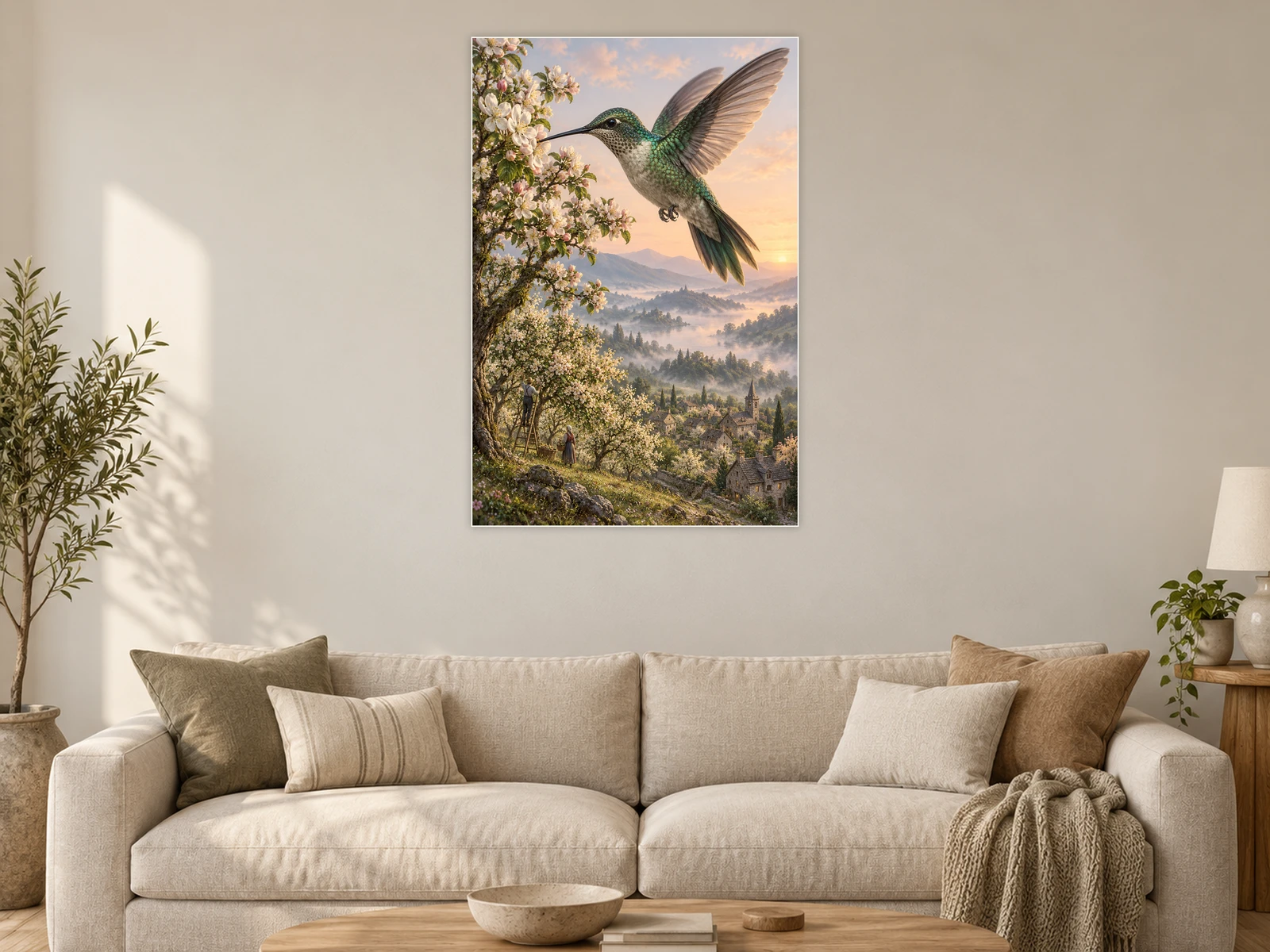 The Hummingbird’s Orchard Pause unframed poster displayed in a living room