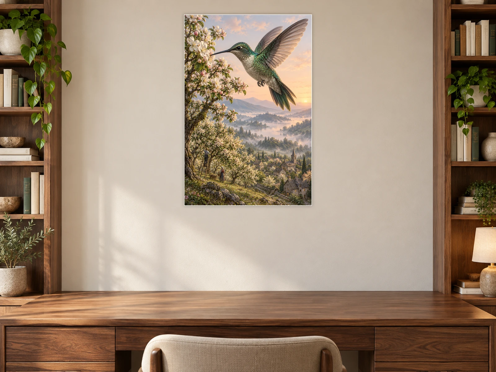 The Hummingbird’s Orchard Pause unframed poster displayed in a study
