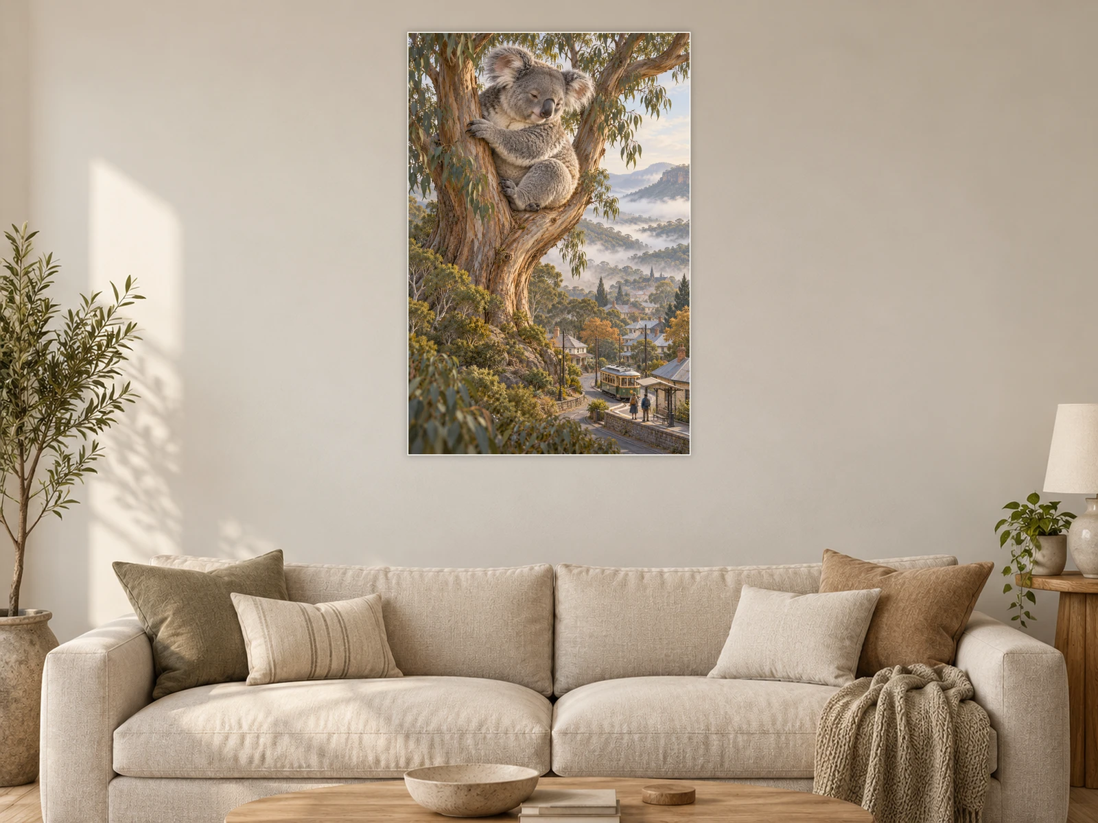 The Koala above the Tram Stop unframed poster displayed in a living room