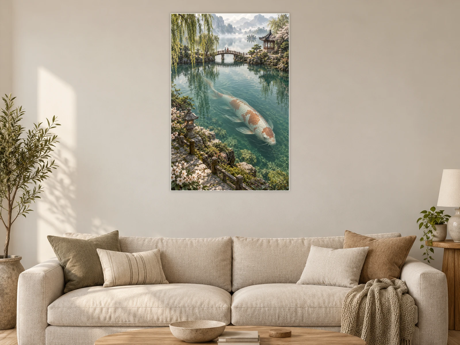 The Koi beneath the Footbridge unframed poster displayed in a living room