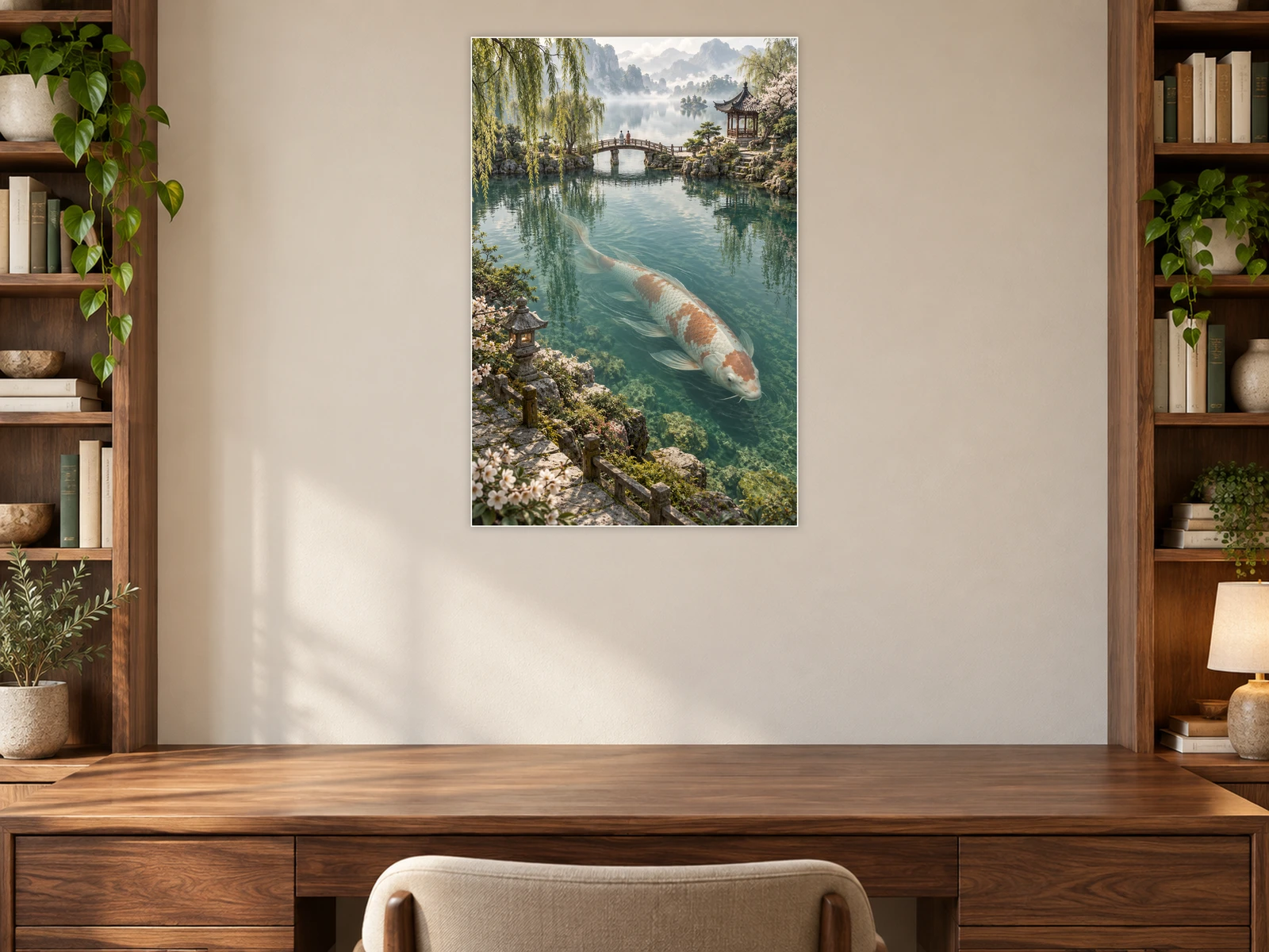 The Koi beneath the Footbridge unframed poster displayed in a study