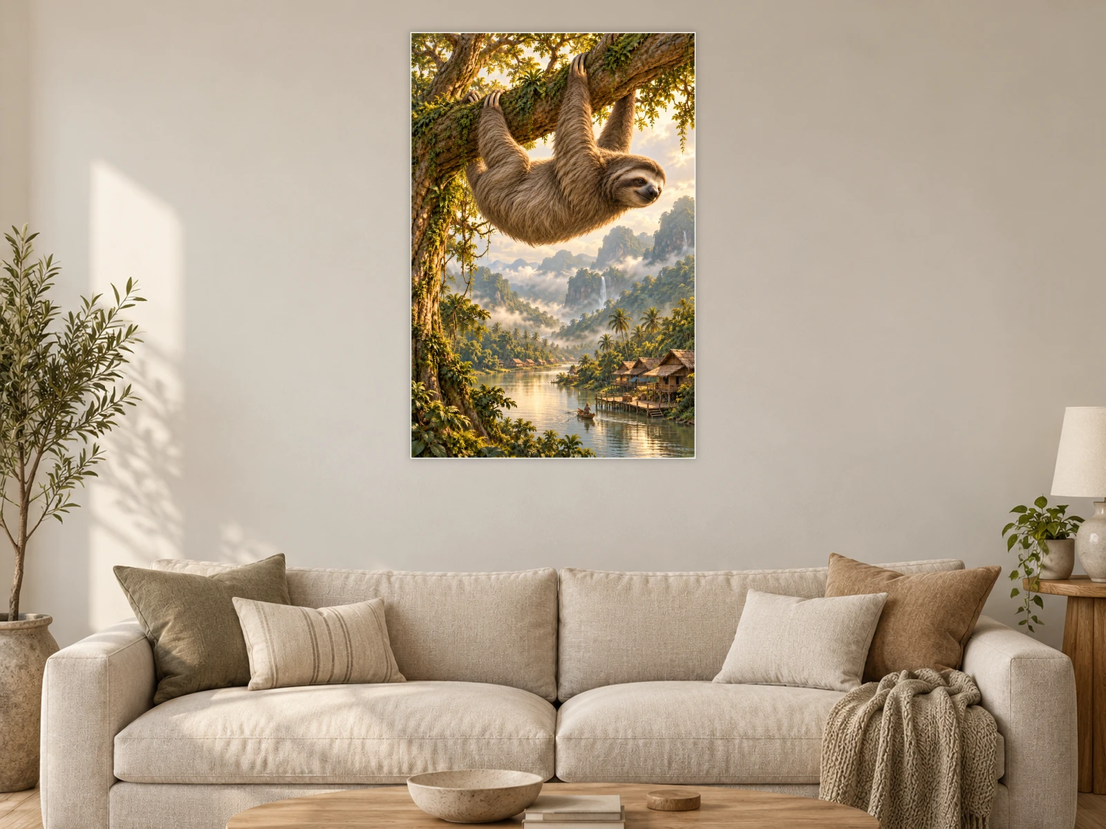 The Sloth’s Afternoon Village unframed poster displayed in a living room