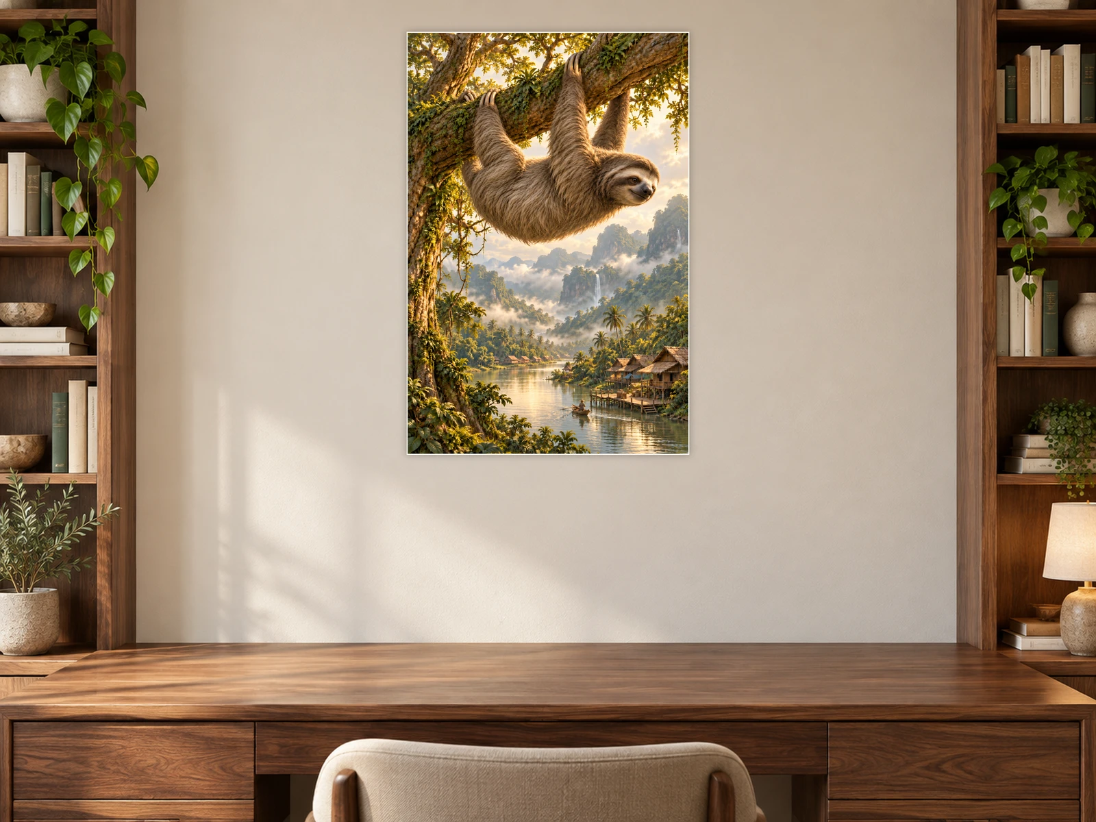 The Sloth’s Afternoon Village unframed poster displayed in a study