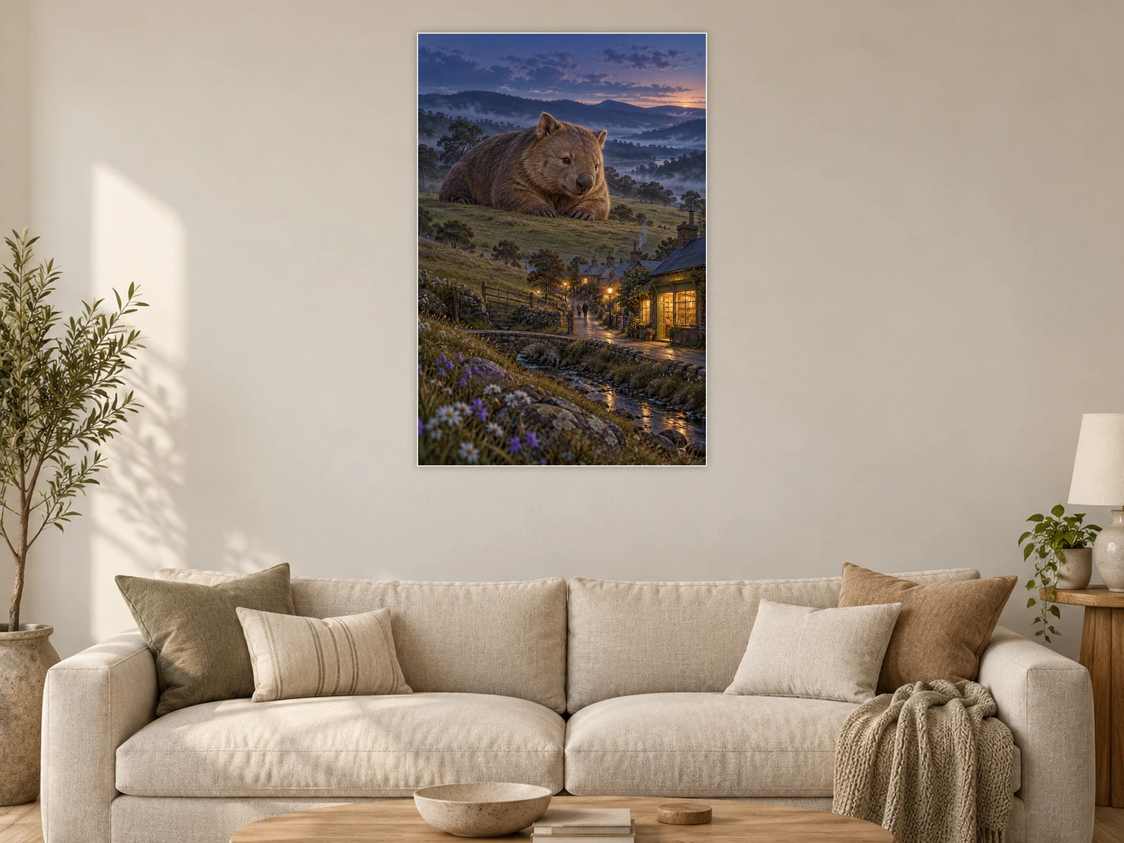 The Wombat beside the Bookshop unframed poster displayed in a living room