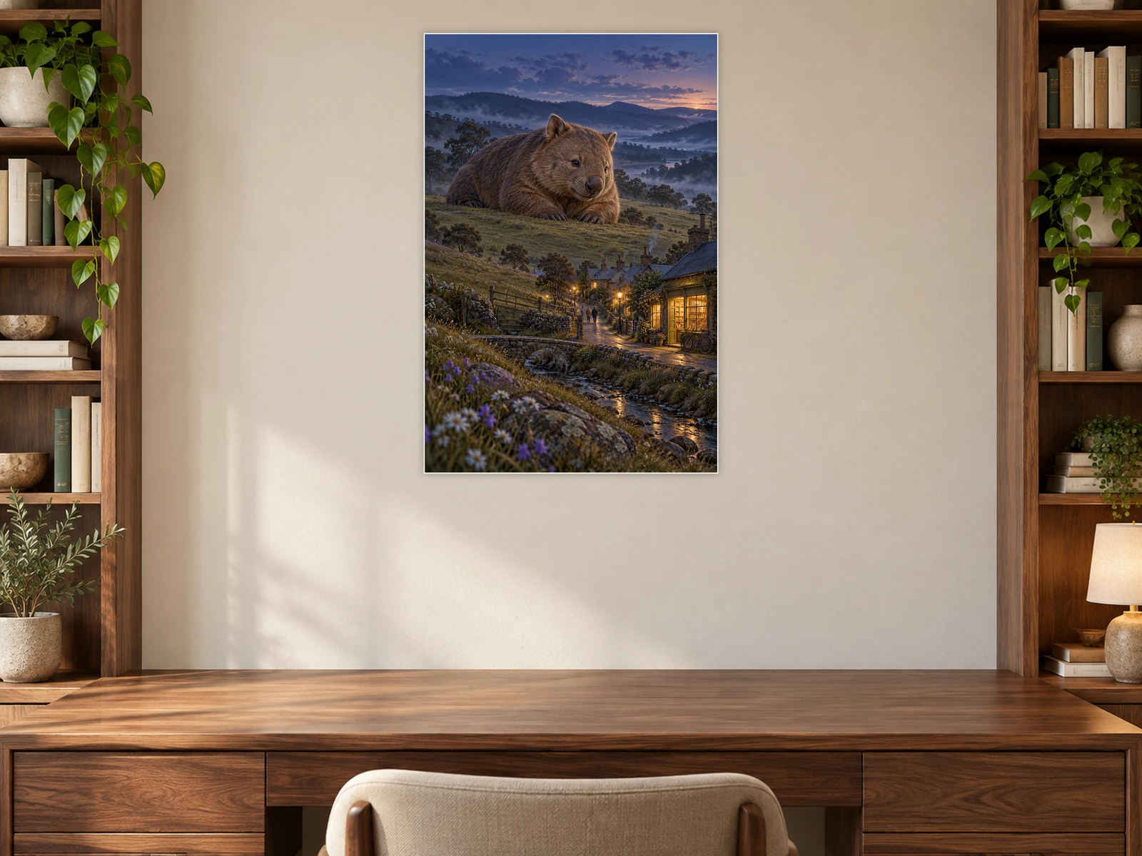 The Wombat beside the Bookshop unframed poster displayed in a study