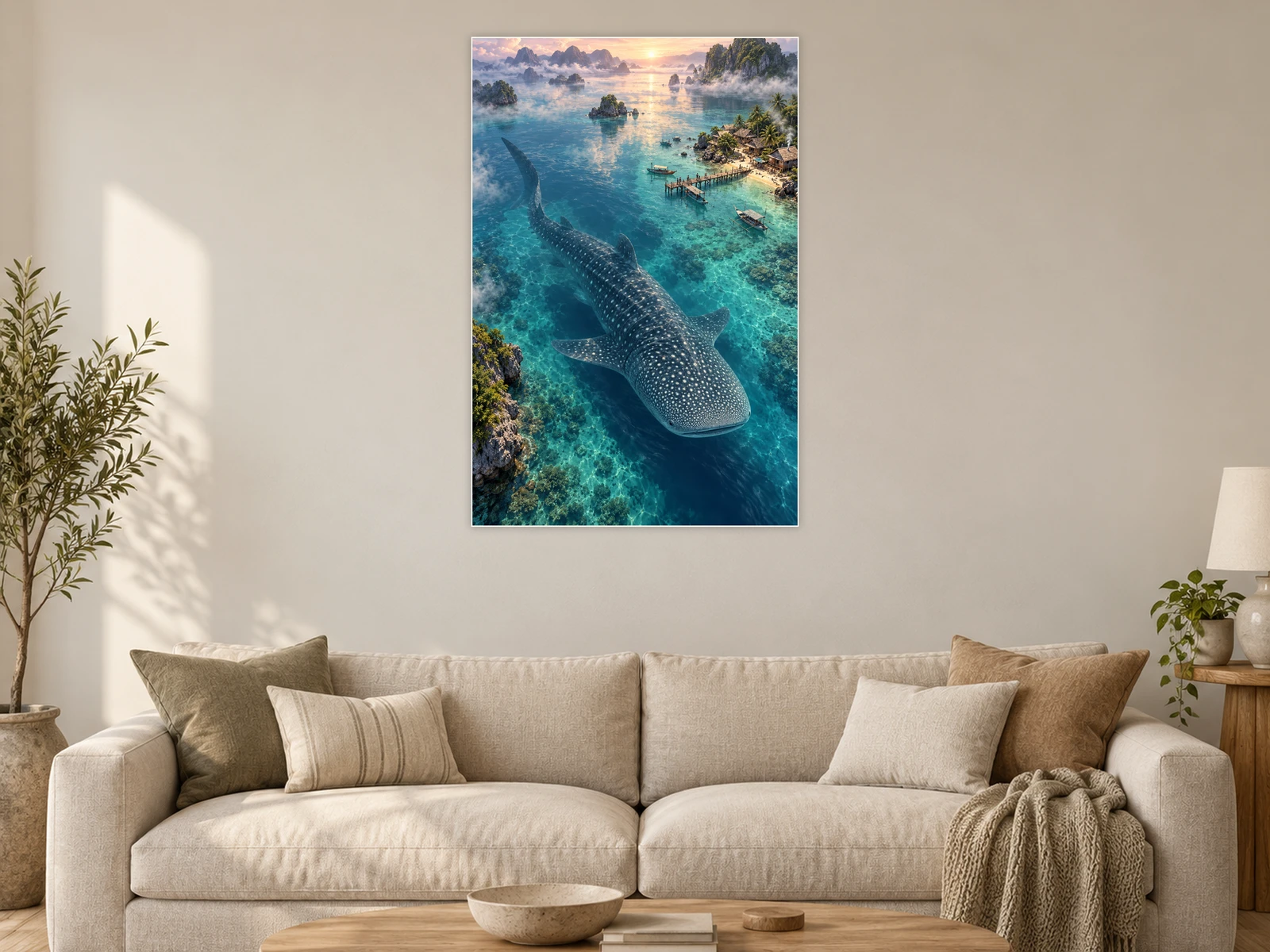 The Whale Shark’s Island Morning unframed poster displayed in a living room