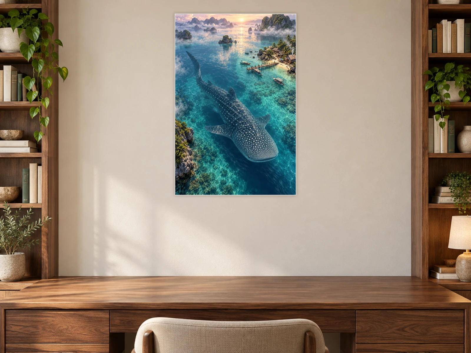The Whale Shark’s Island Morning unframed poster displayed in a study