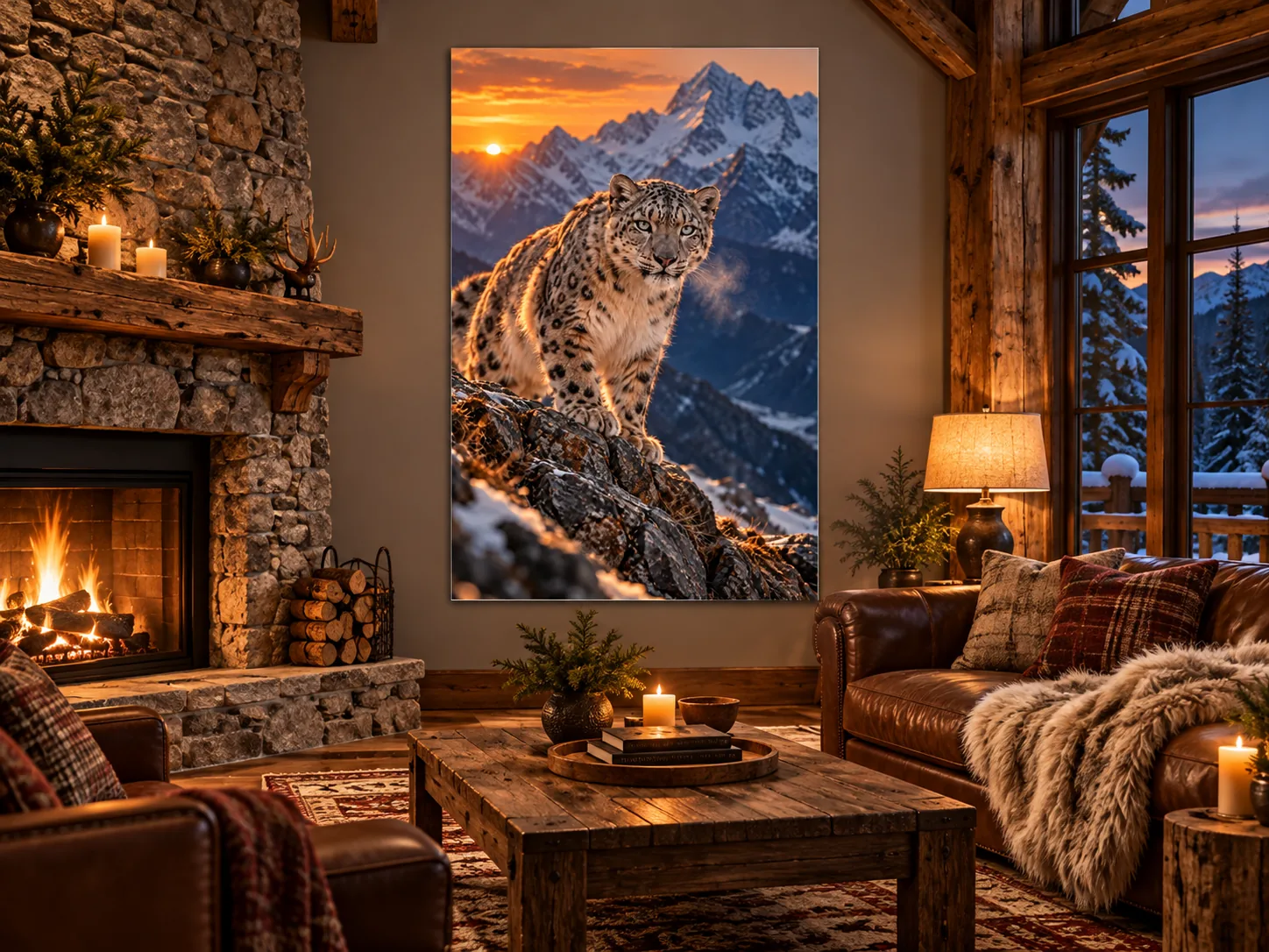 Snow Leopard unframed poster displayed in a styled room