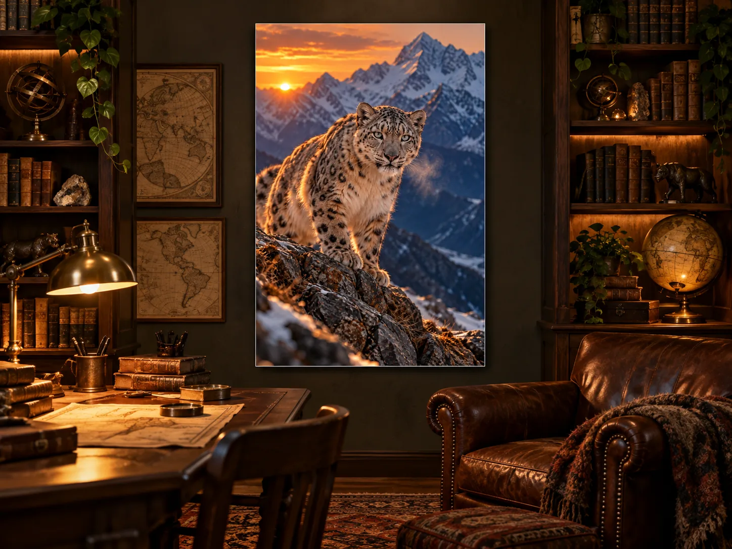 Snow Leopard unframed poster displayed in a study