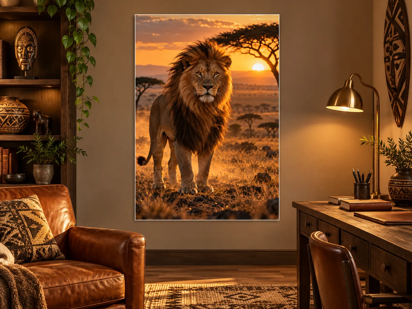 Lion unframed poster displayed in a study