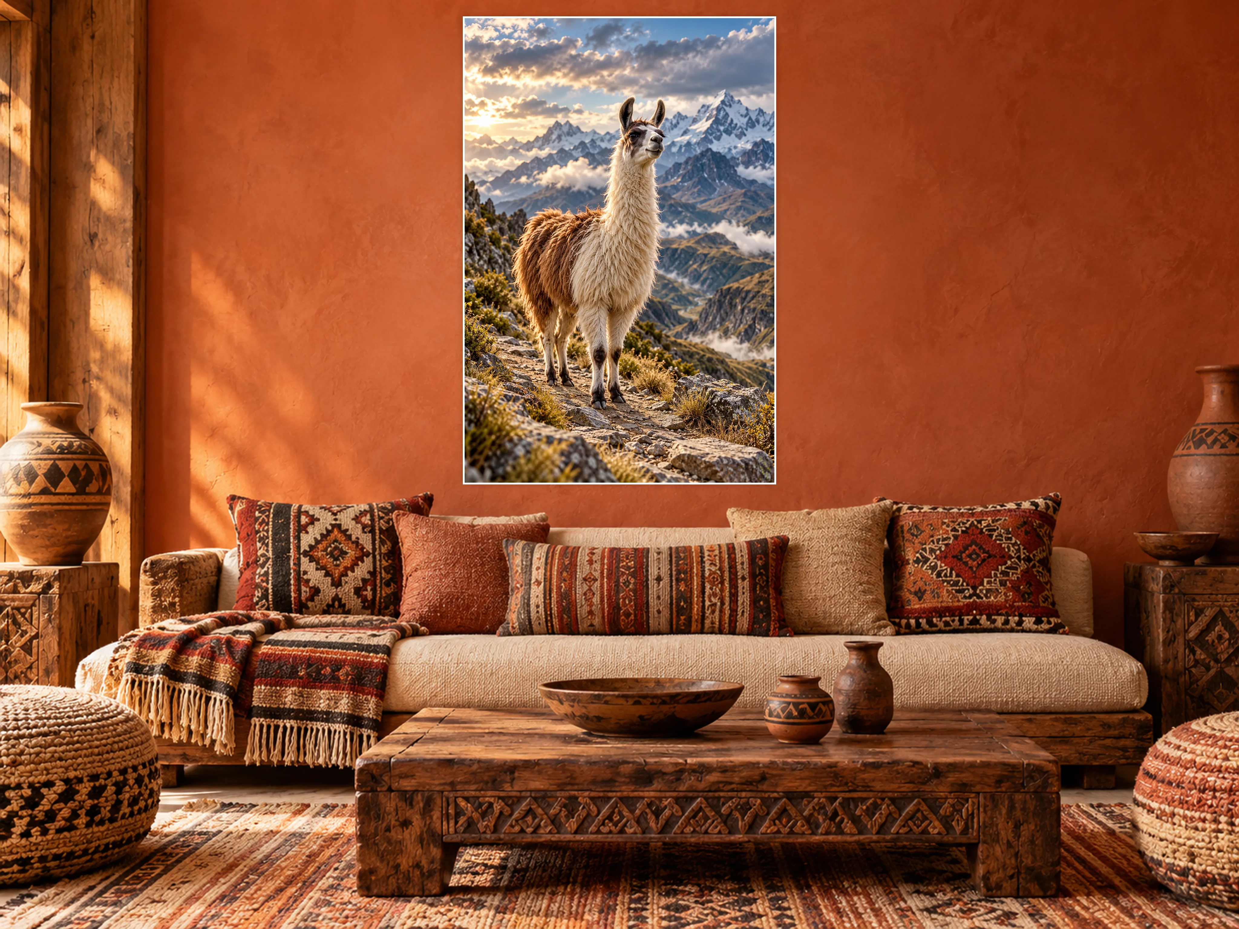 Llama unframed poster displayed in a living room
