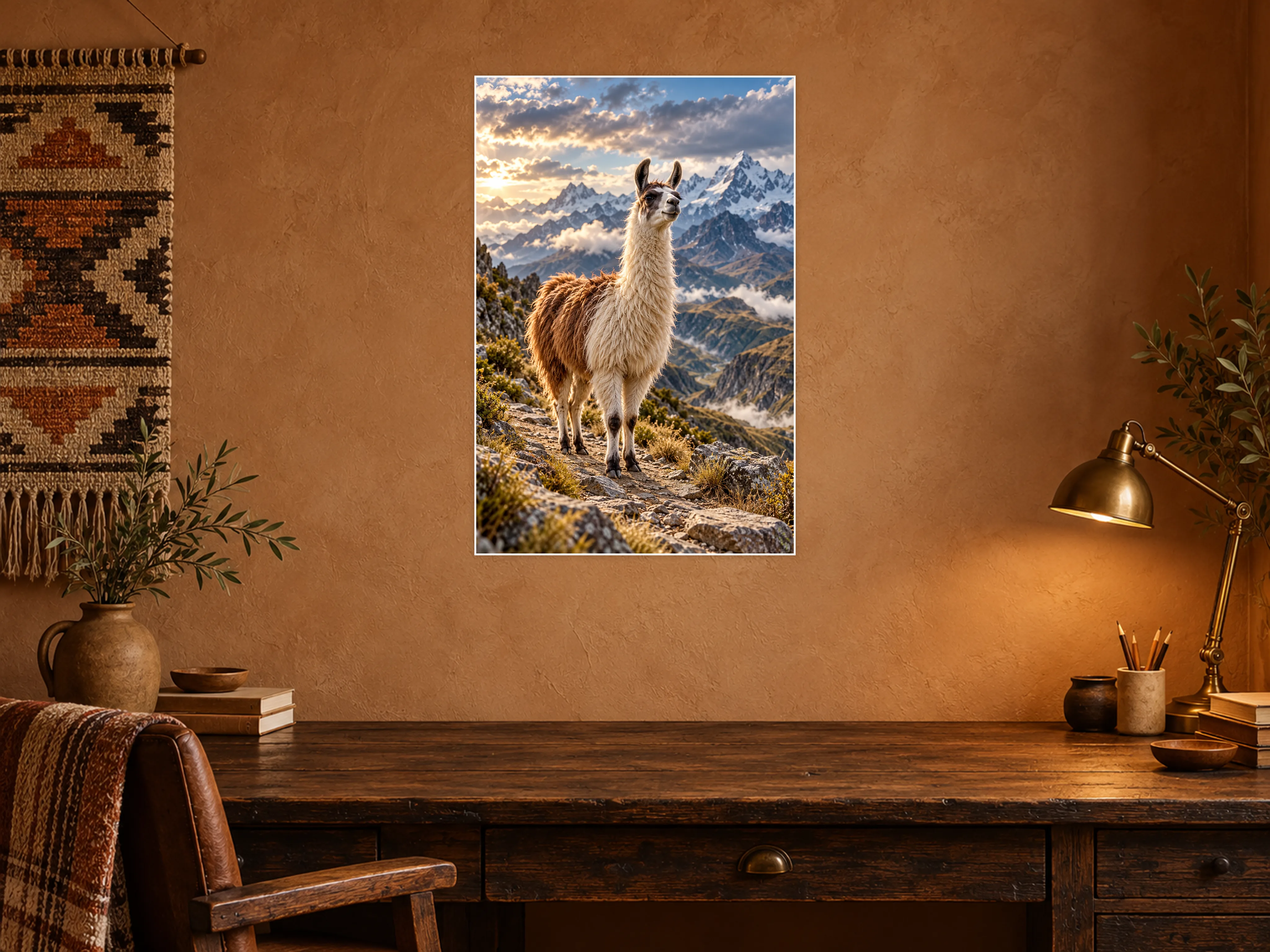 Llama unframed poster displayed in a study